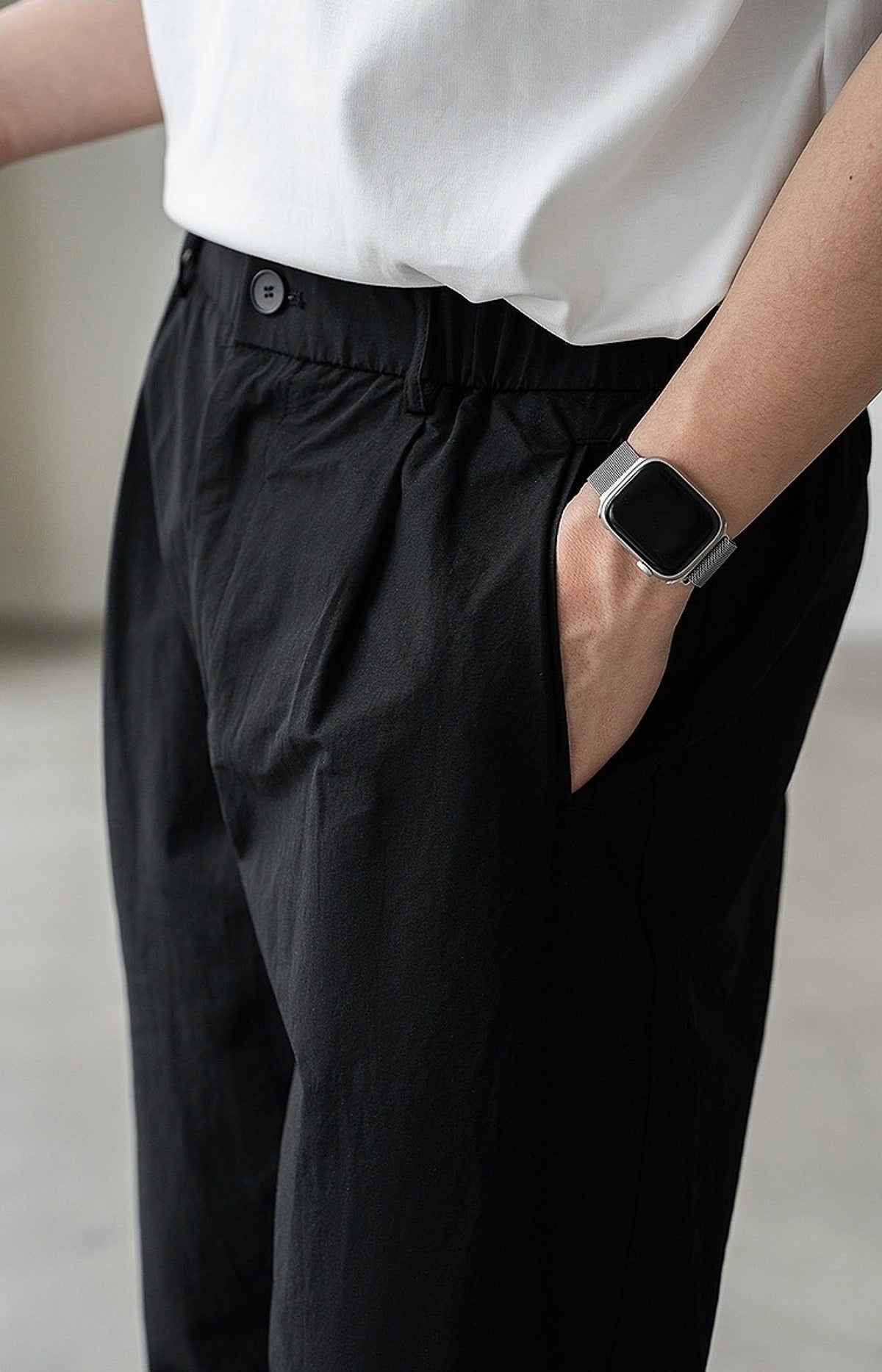 Momi Crinkle Harem Pants in Black, detail close-up