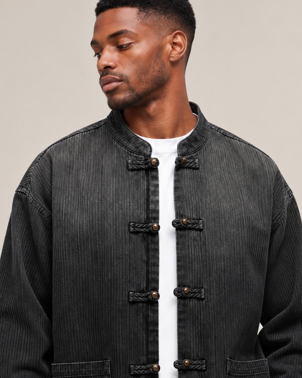 Musubi Knot Button Denim Jacket in Black, collar close-up