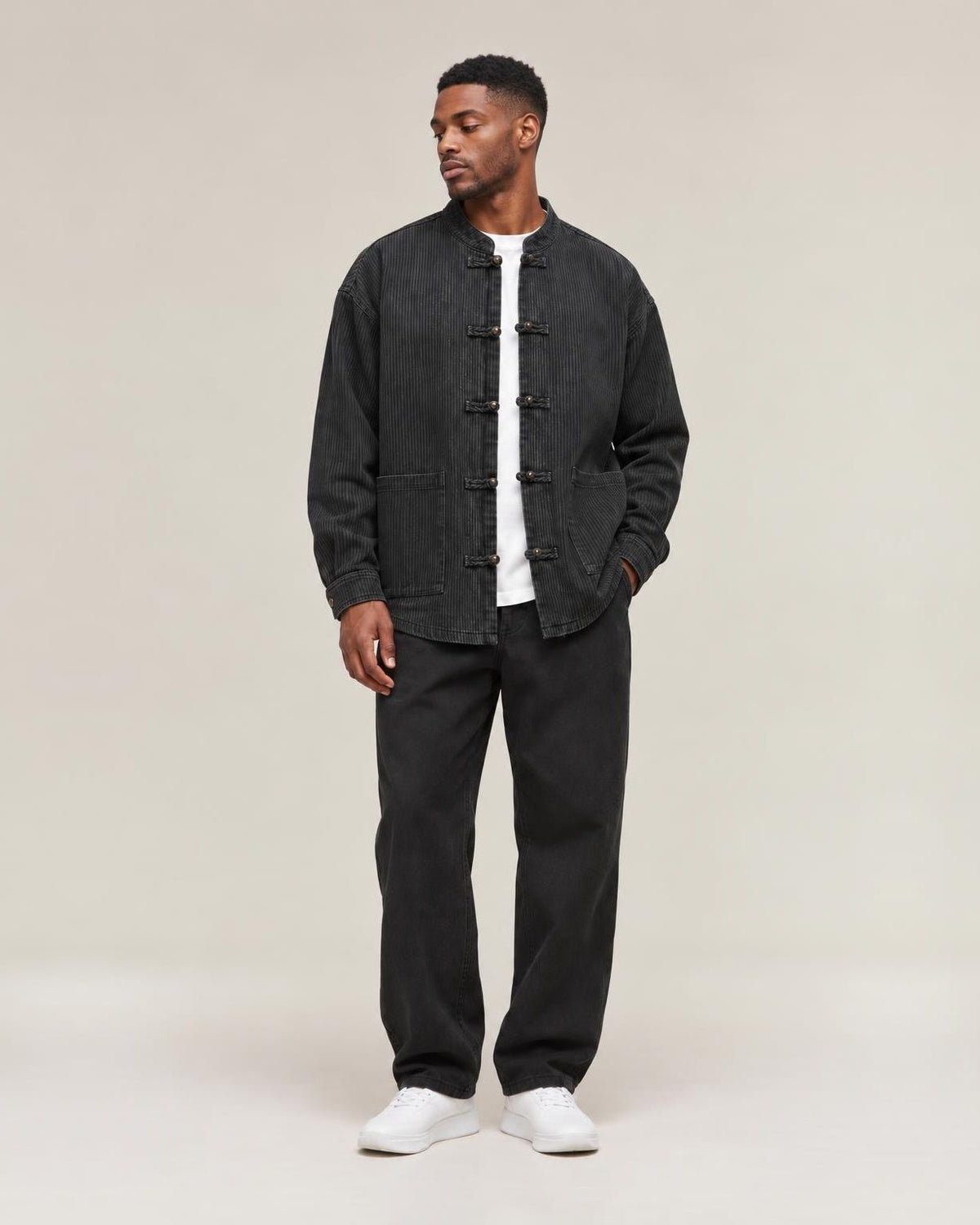 Musubi Knot Button Denim Jacket in Black, full-length front view
