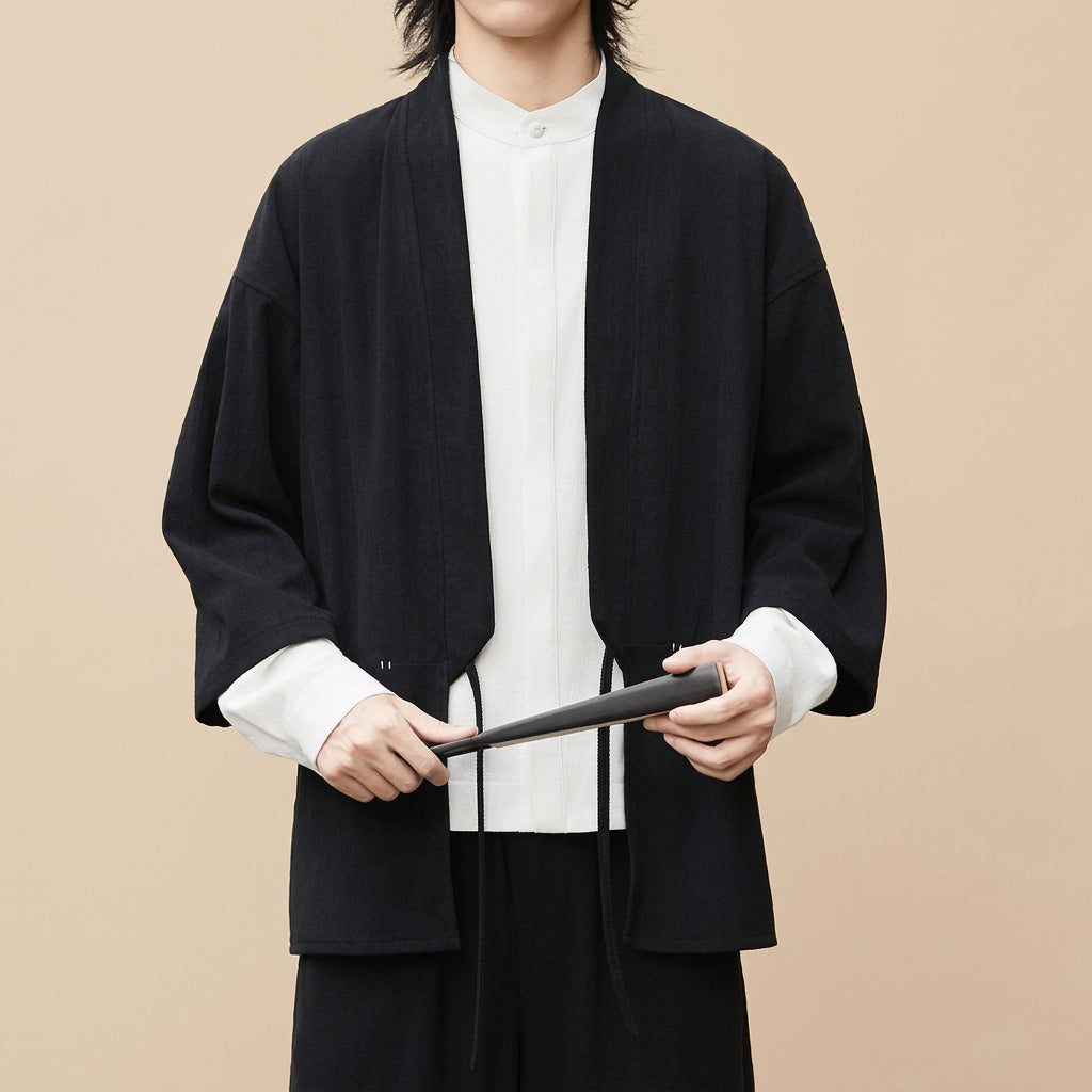 Nagi haori cardigan shown open, detail of the wide front band and waist tie
