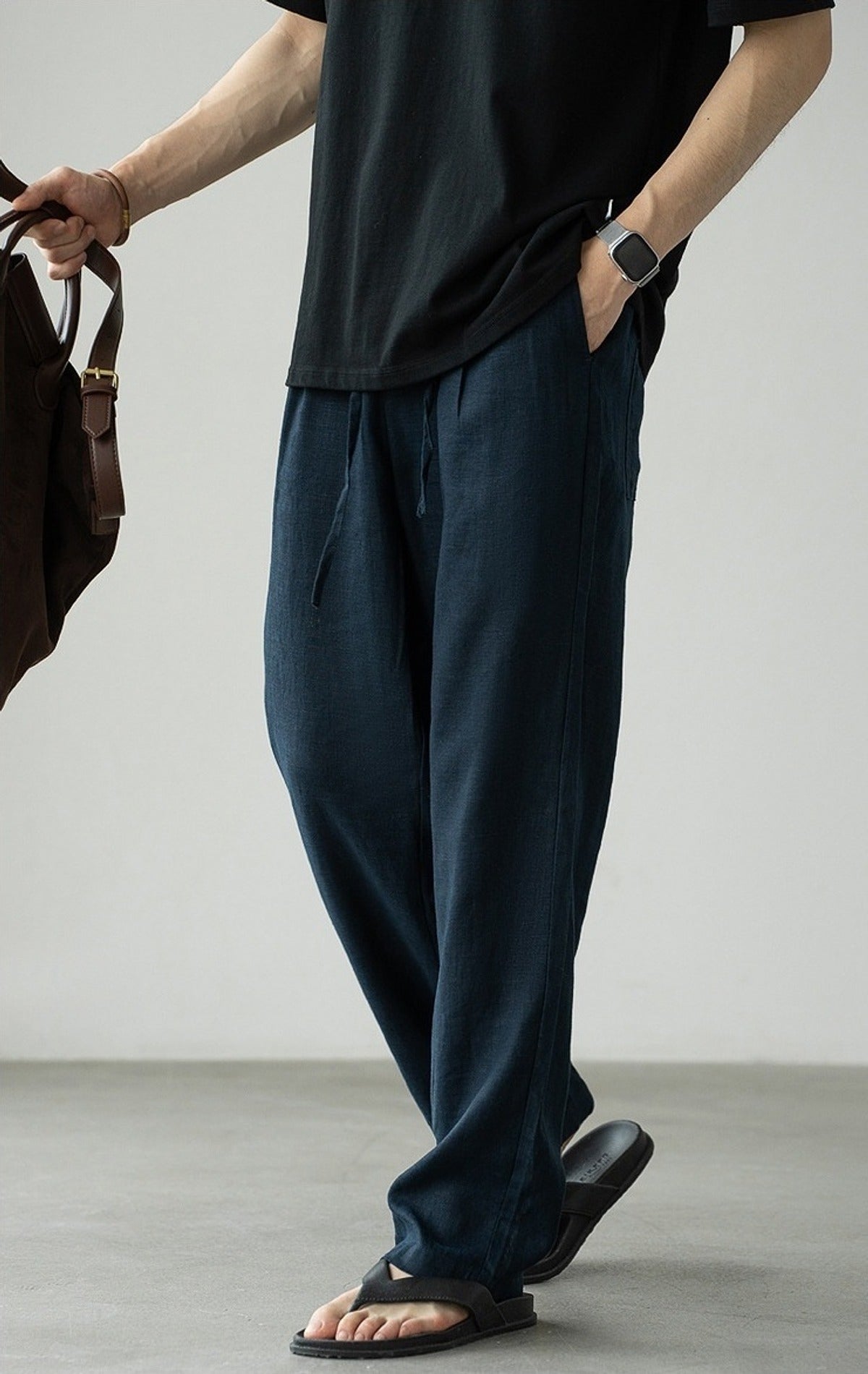 Natsu Linen Drape Pants in Blue, full-length front view
