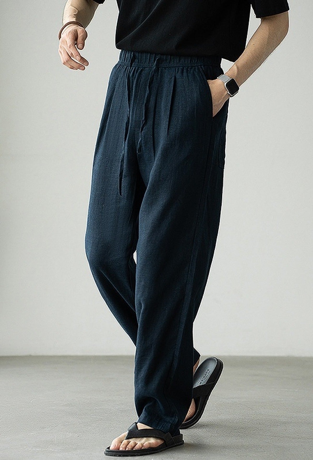 Natsu Linen Drape Pants in Blue, full-length front view