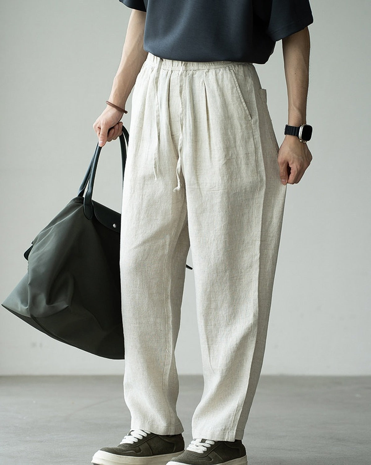 Natsu Linen Drape Pants in Cream, full-length front view