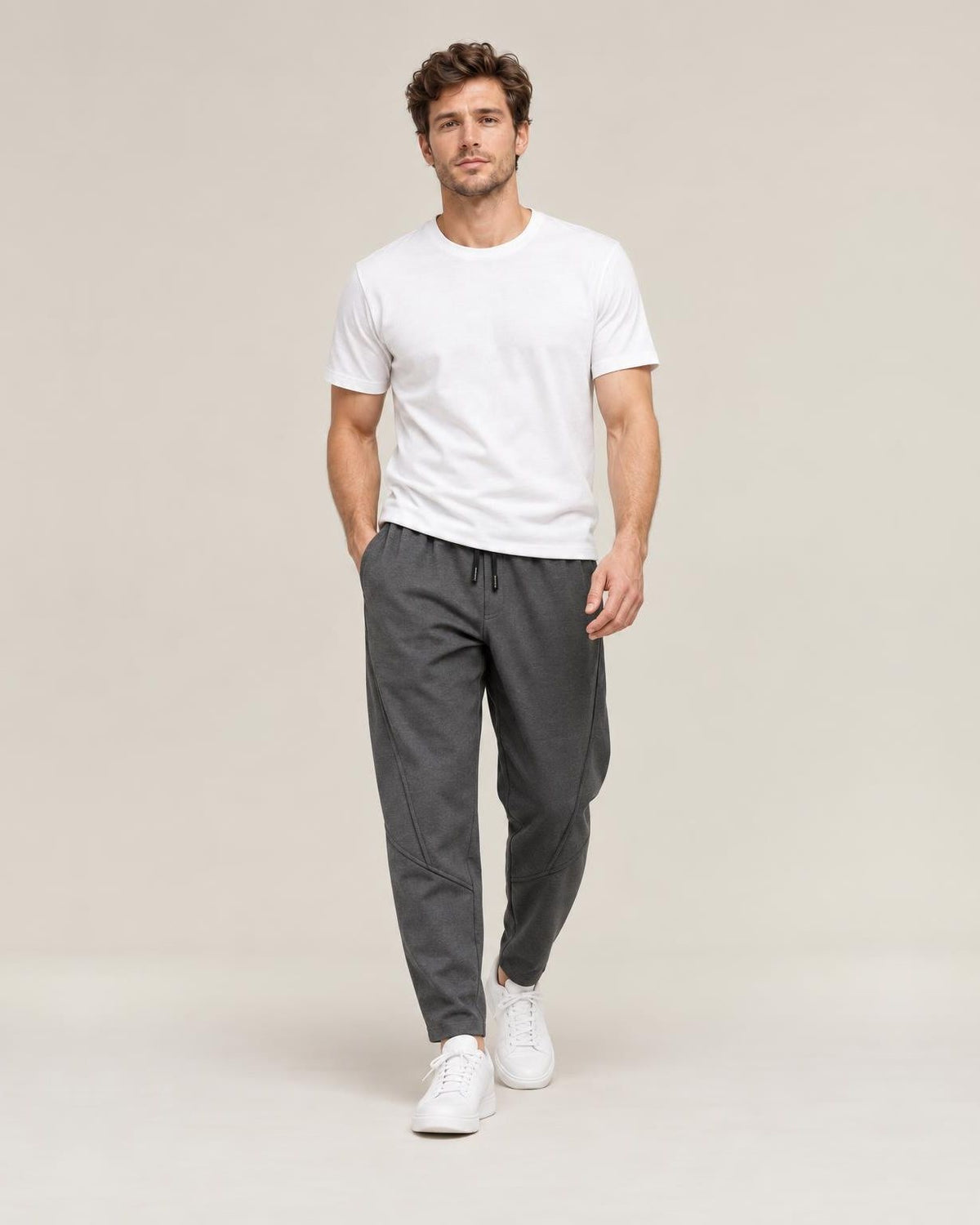 Nobi Relaxed Harem Pants in Grey, full-length front view