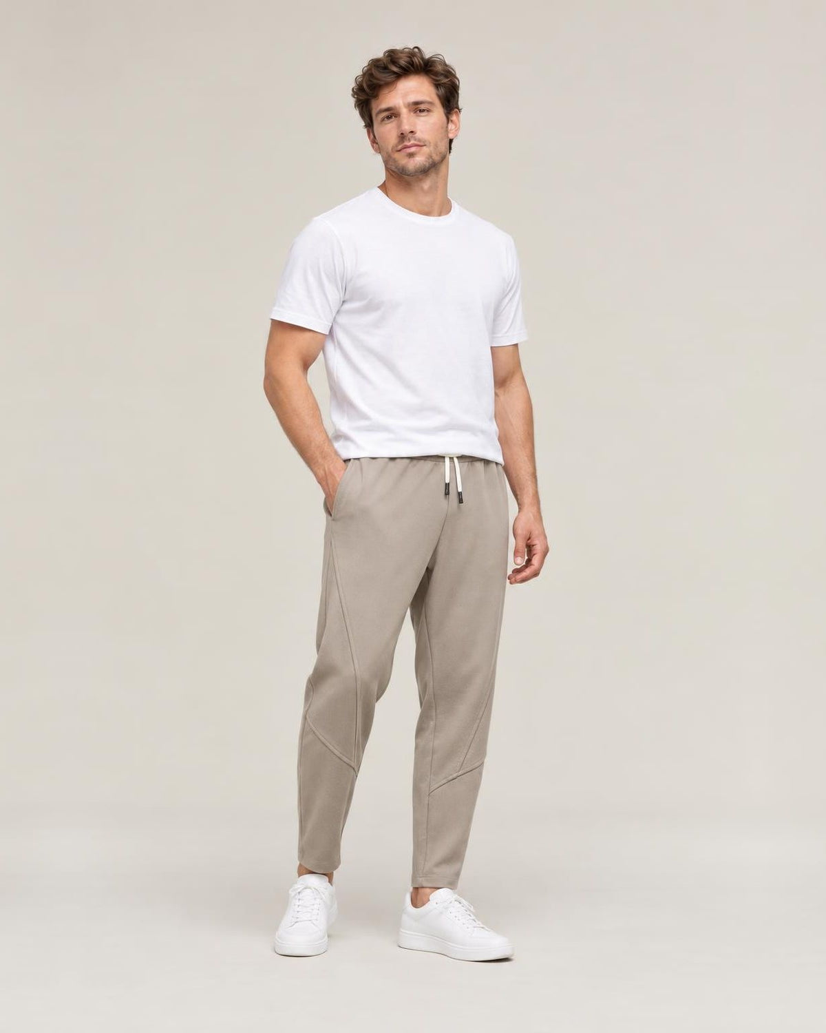 Nobi Relaxed Harem Pants in Khaki, full-length front view