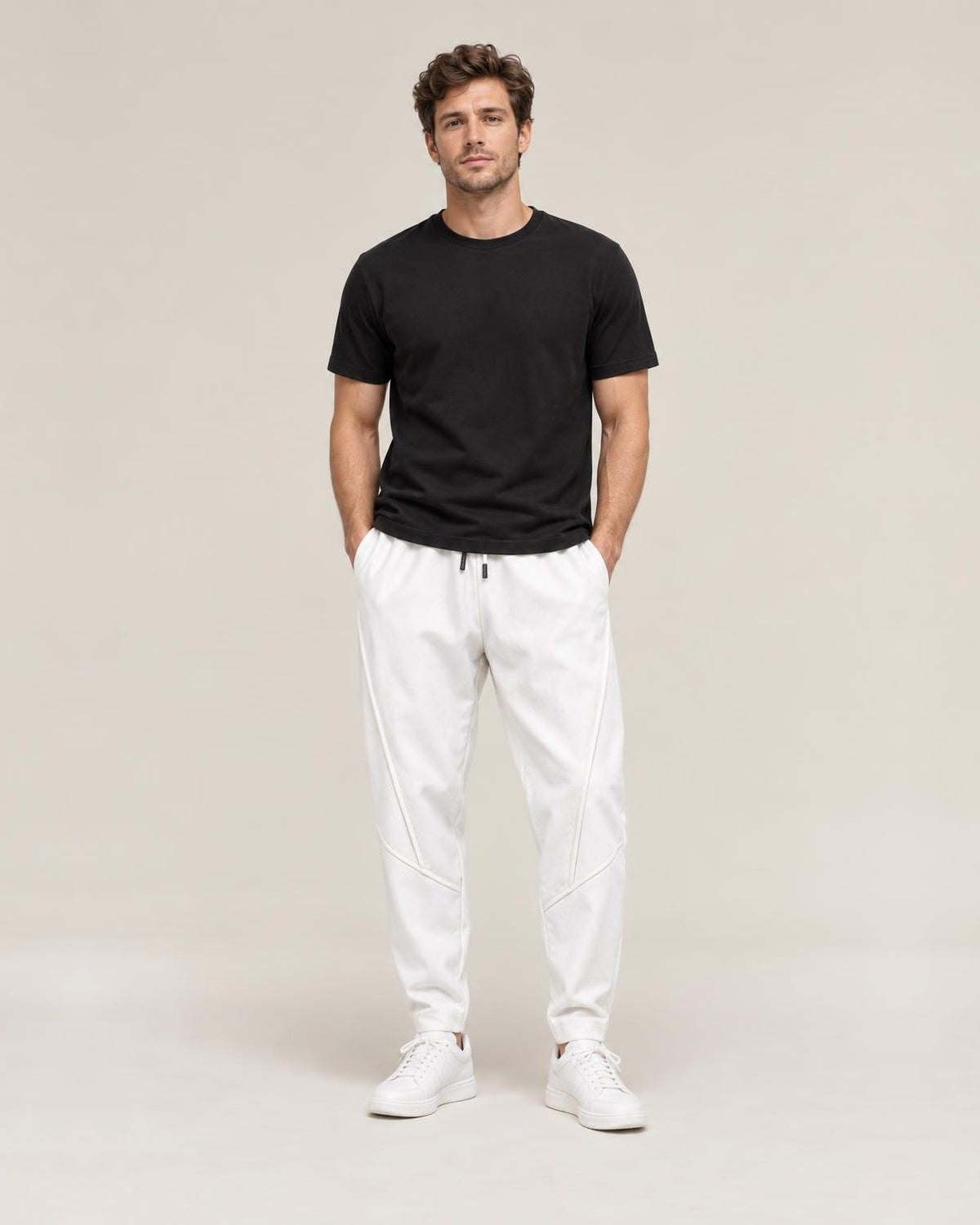 Nobi Relaxed Harem Pants in White, full-length front view