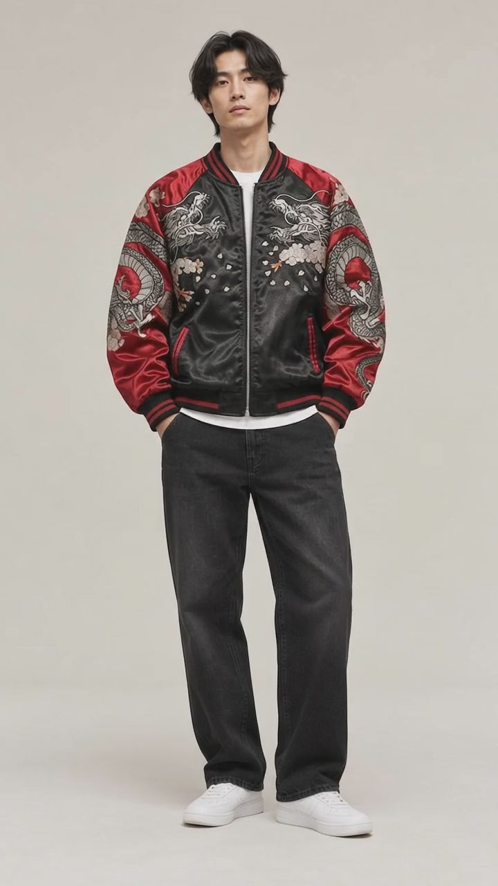 Ryu Dragon Embroidered Bomber Jacket, studio video