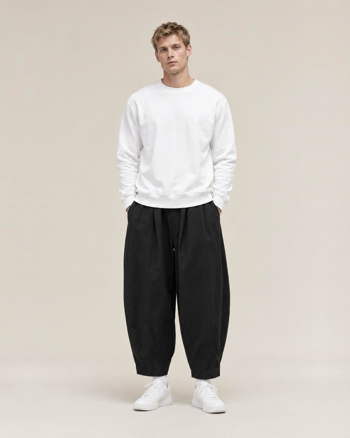 Raku Wide Cargo Pants in Black, full-length front view