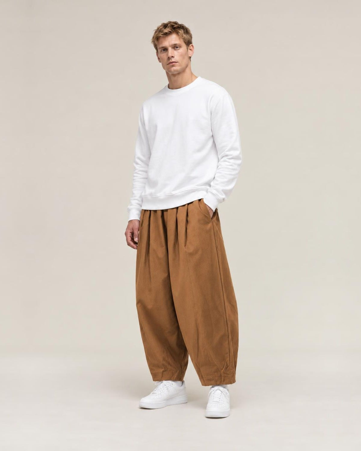 Raku Wide Cargo Pants in Brown, full-length front view