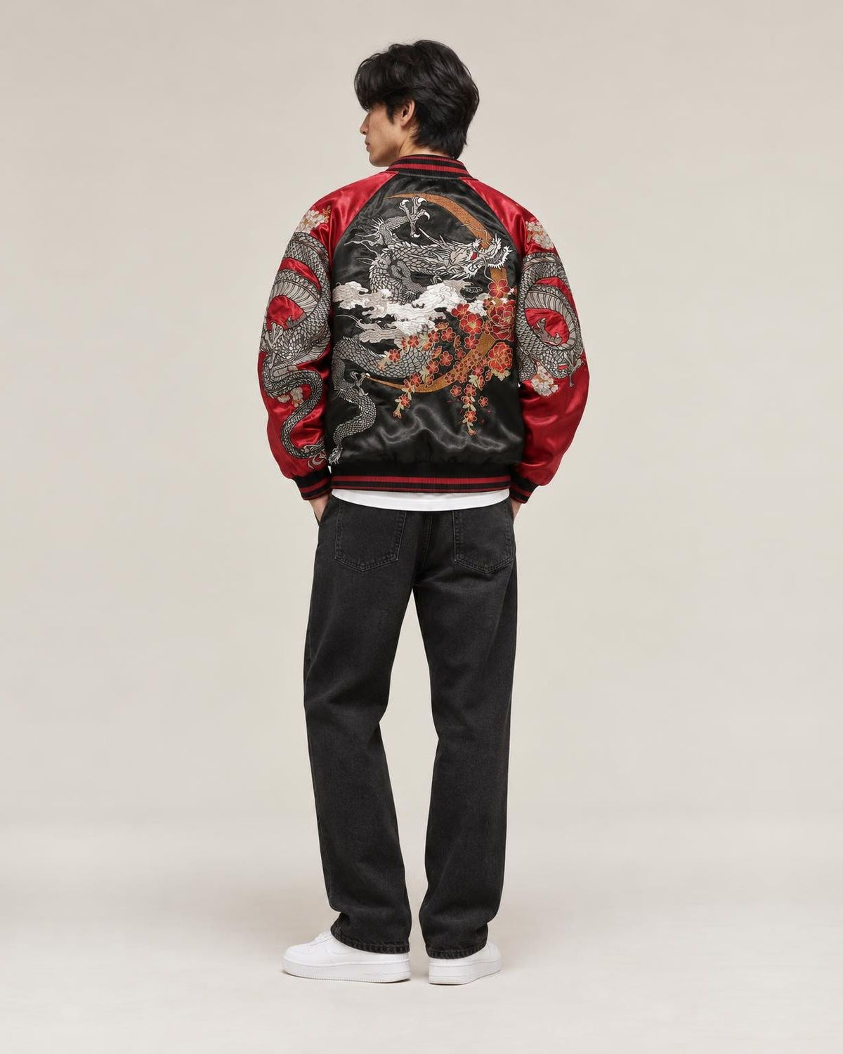 Ryu Dragon Embroidered Bomber Jacket in Burgundy, back view
