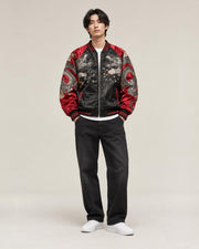 Ryu Dragon Embroidered Bomber Jacket in Burgundy, full-length front view