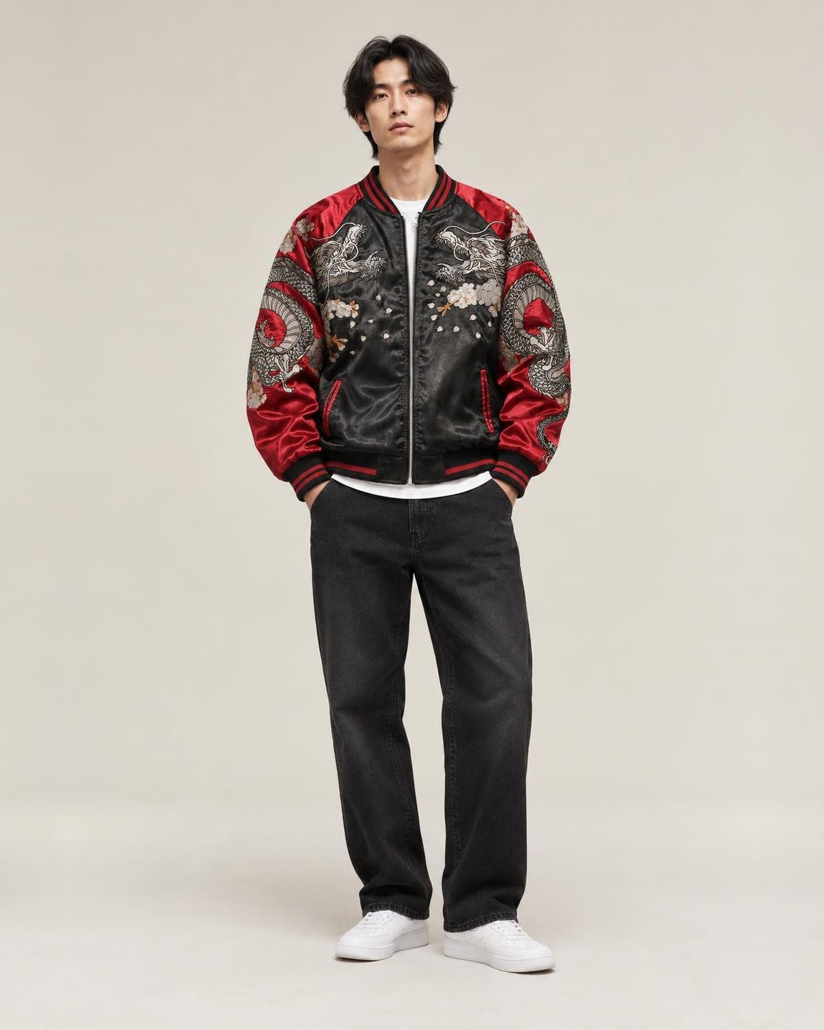 Ryu Dragon Embroidered Bomber Jacket in Burgundy, full-length front view