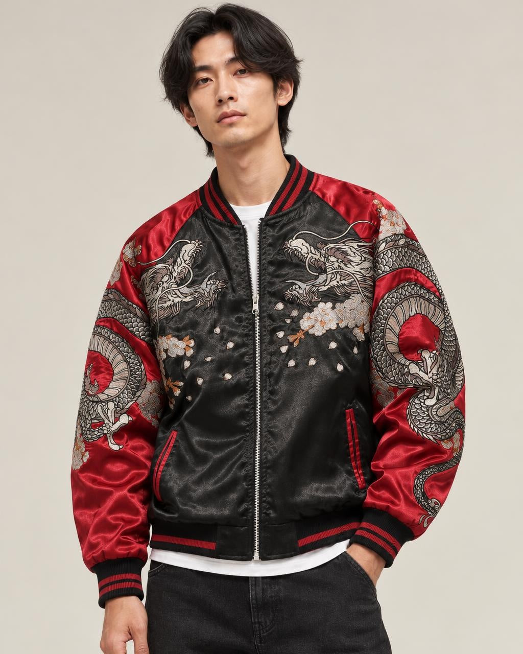 Ryu Dragon Embroidered Bomber Jacket in Burgundy, waist-up front view
