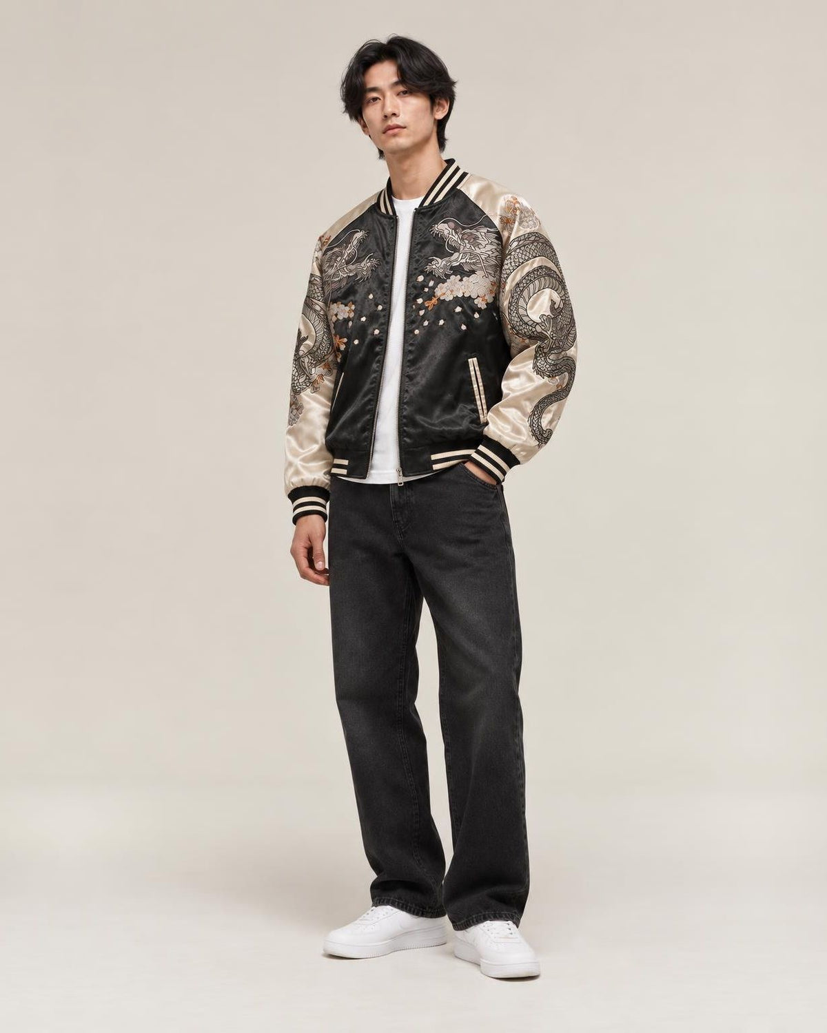 Ryu Dragon Embroidered Bomber Jacket in Khaki, full-length front view
