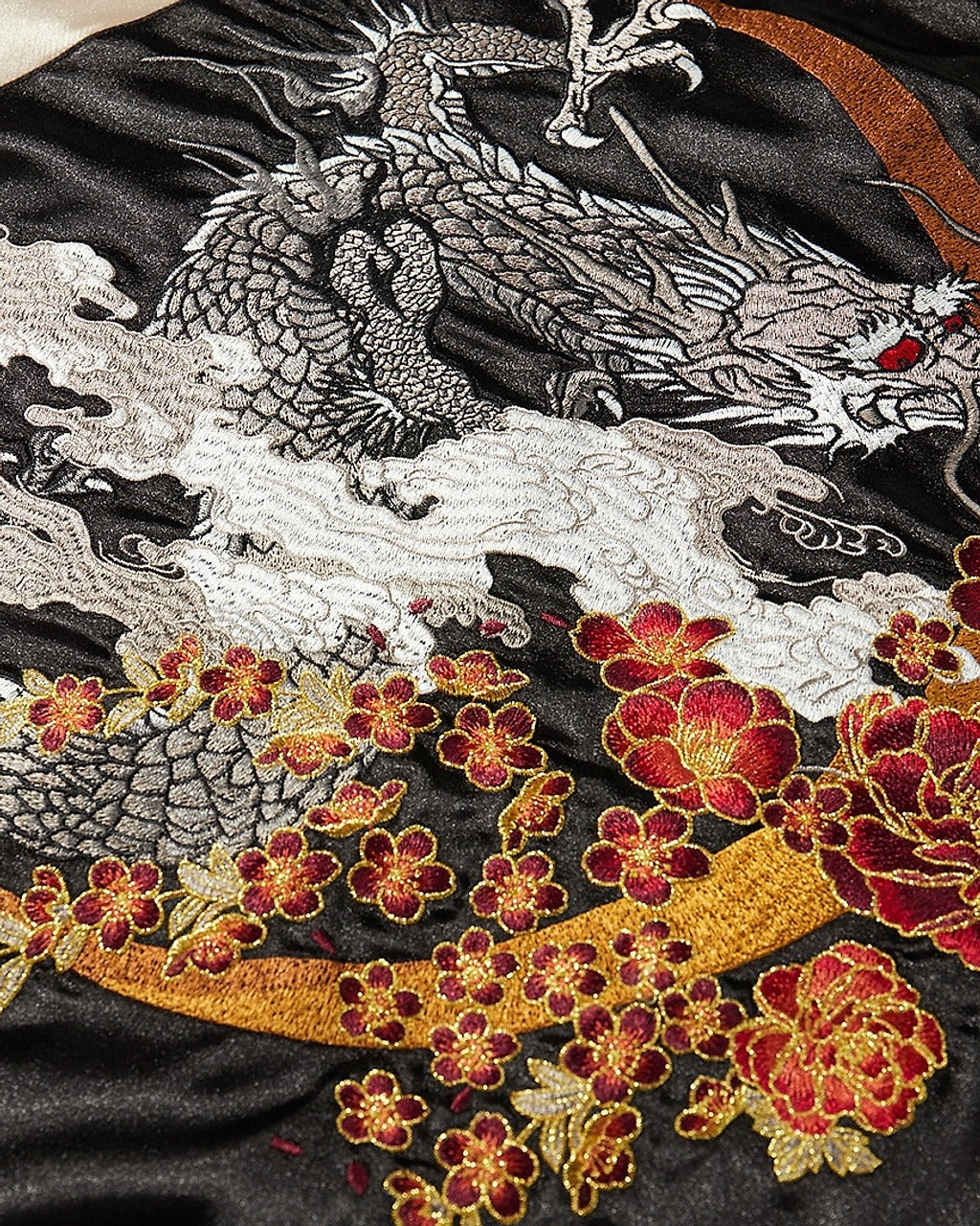 Ryu Dragon Embroidered Bomber Jacket in Khaki, fabric close-up