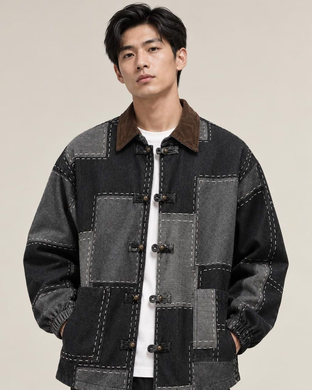 Sabi Washed Denim Jacket in Black, three-quarter
