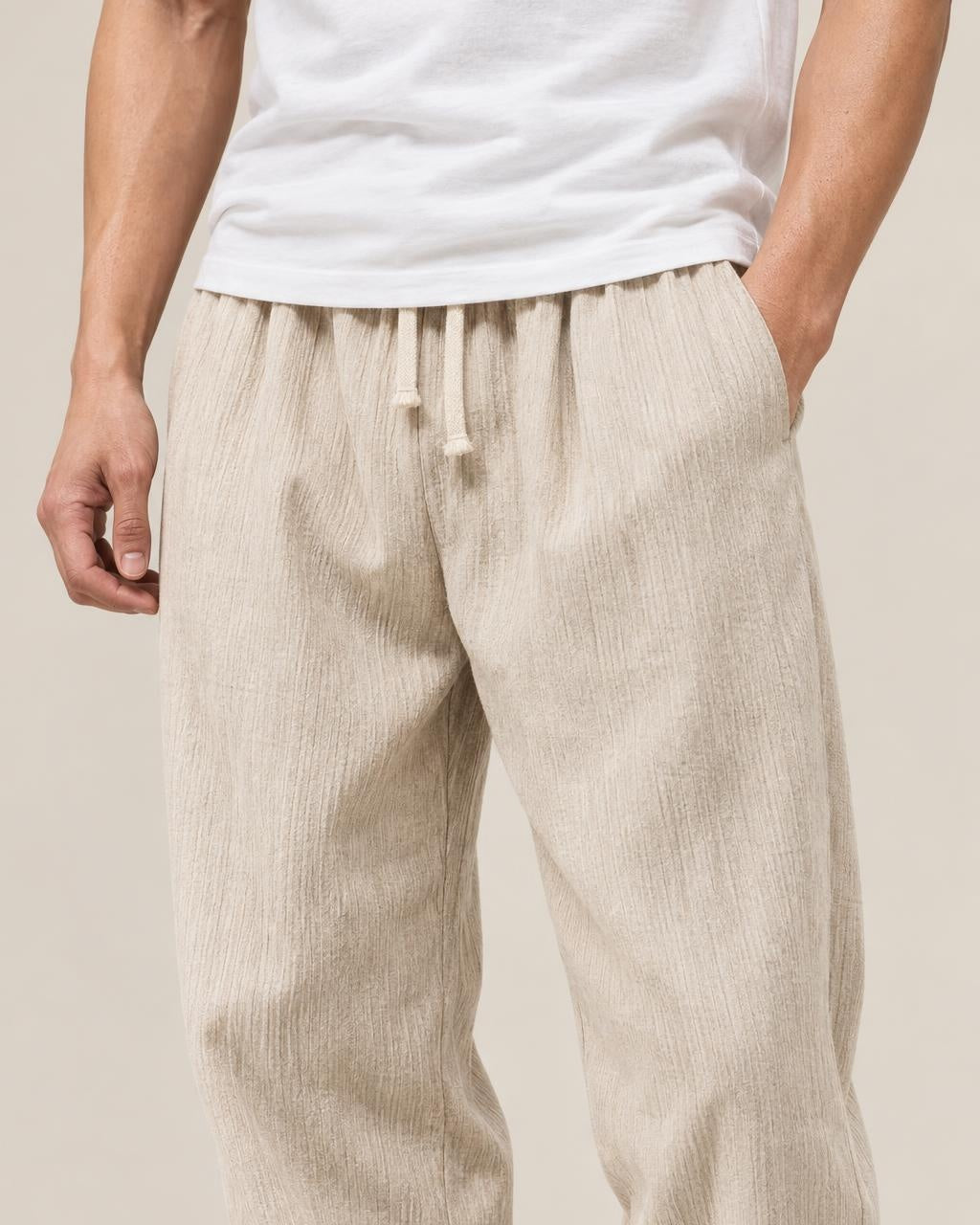Shinbo Pants in Beige, close-up on the model