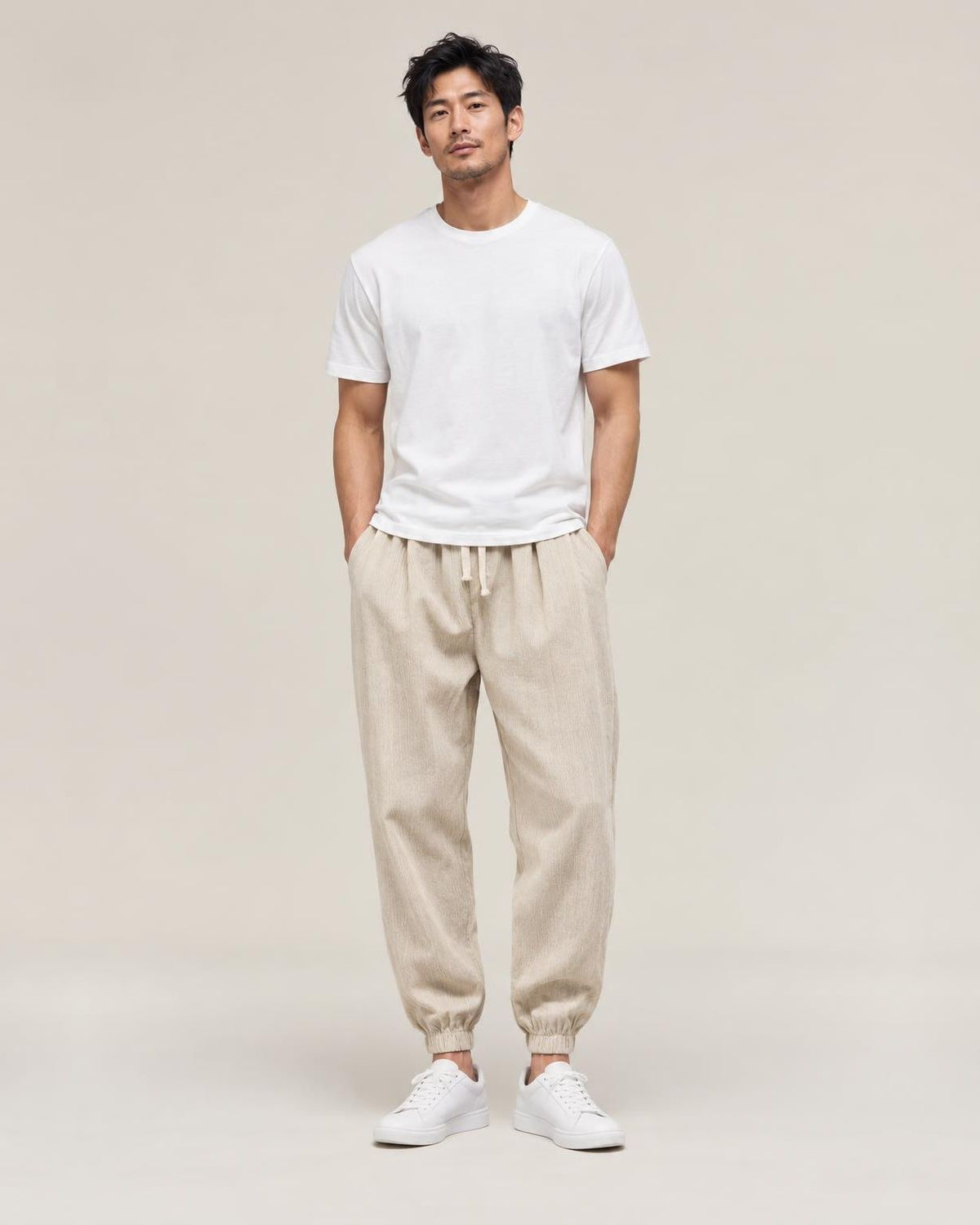 Shinbo Pants in Beige, full-length front view