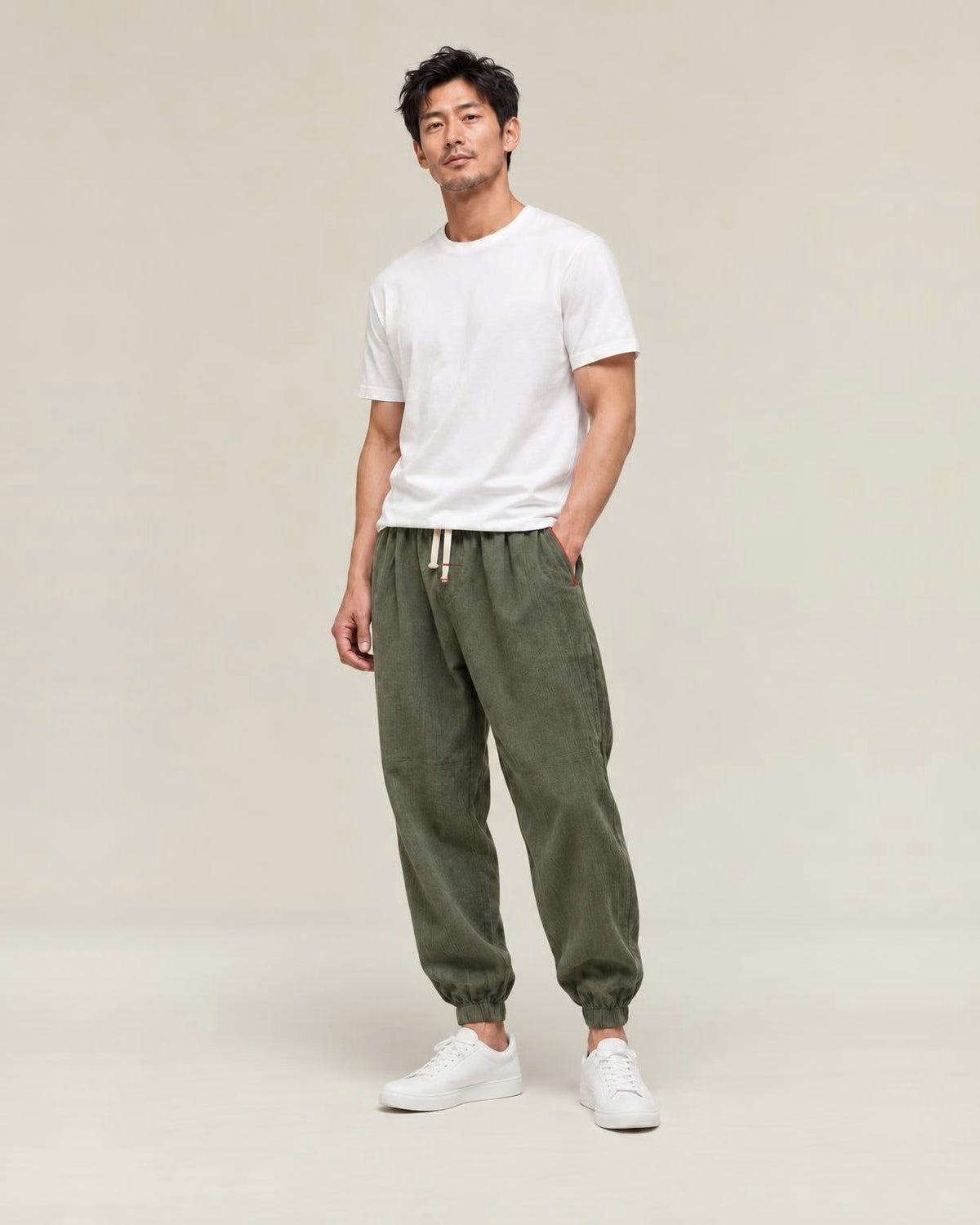Shinbo Pants in Green, full-length front view
