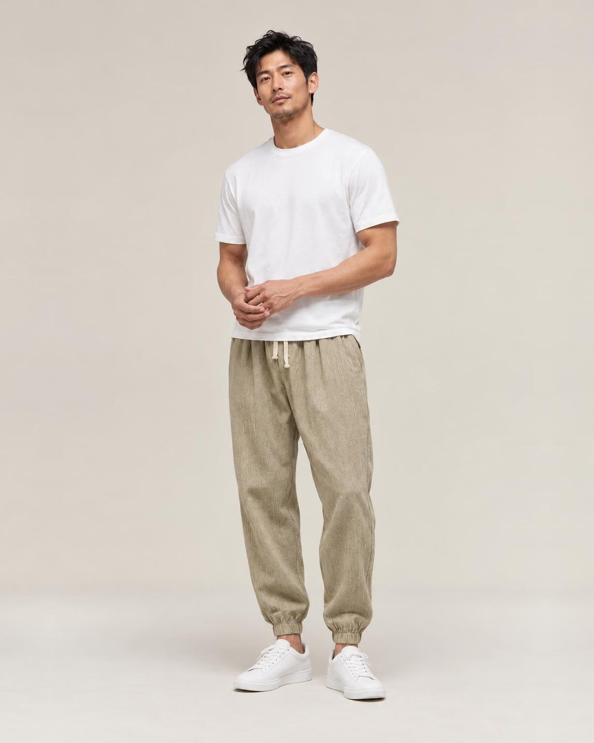 Shinbo Pants in Khaki, full-length front view