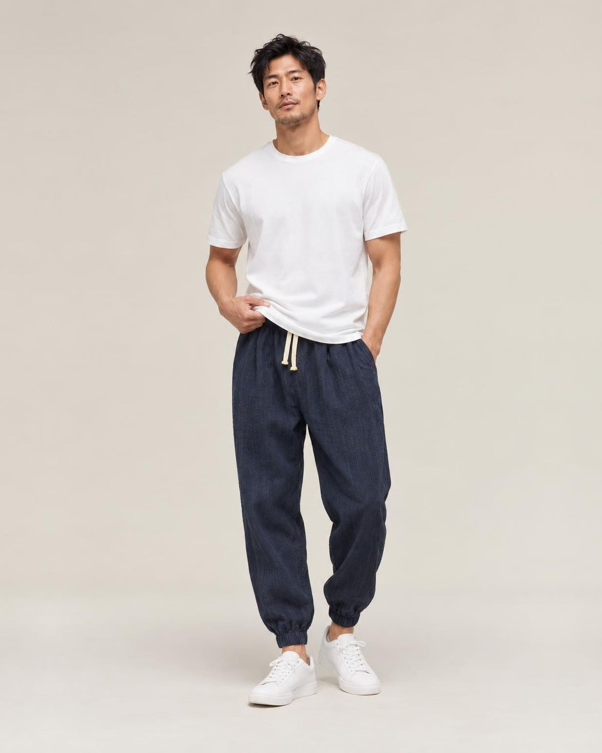 Shinbo Pants in Navy, full-length front view