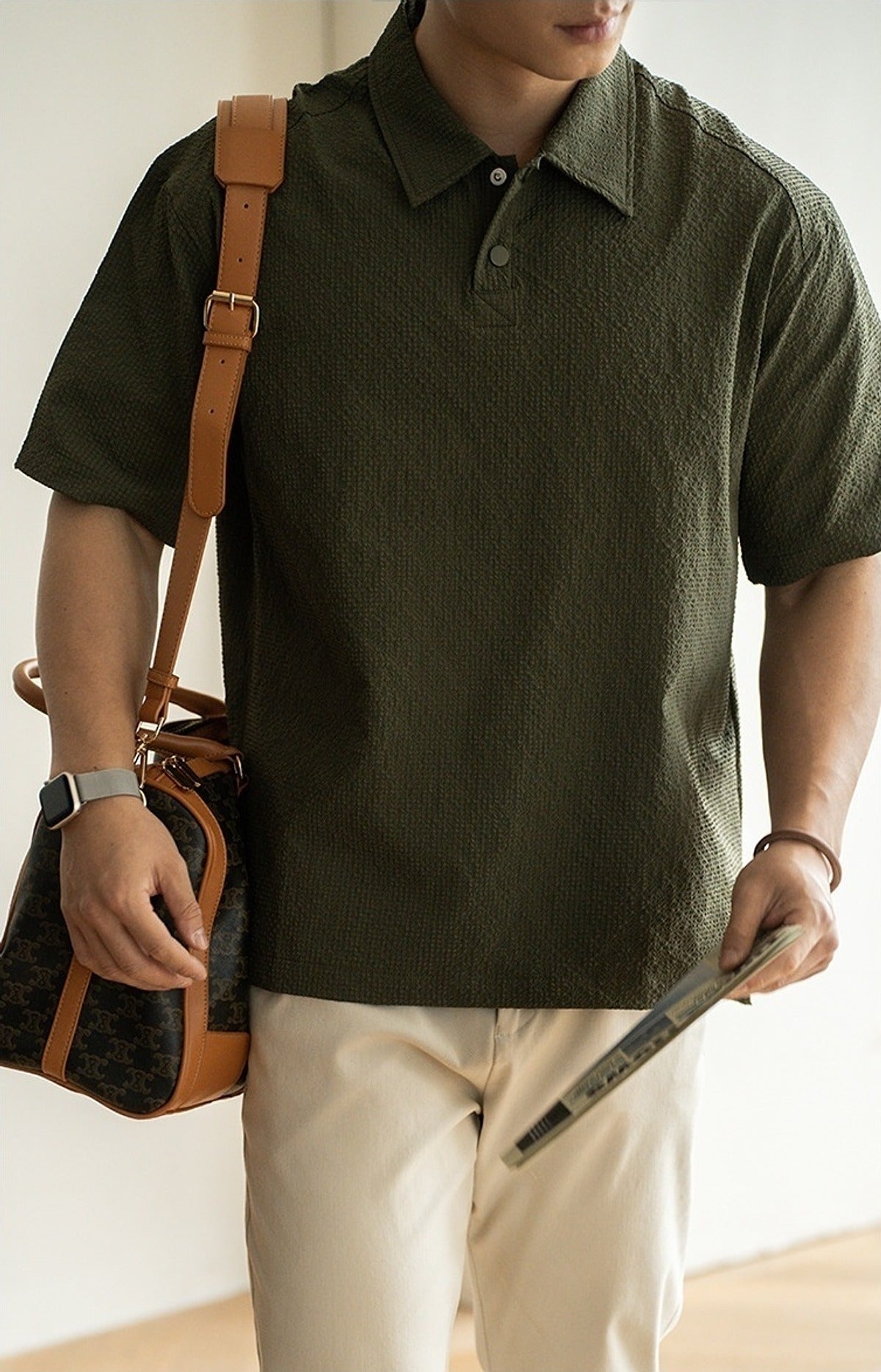 Shiwa Seersucker Polo Shirt in Green, full-length front view