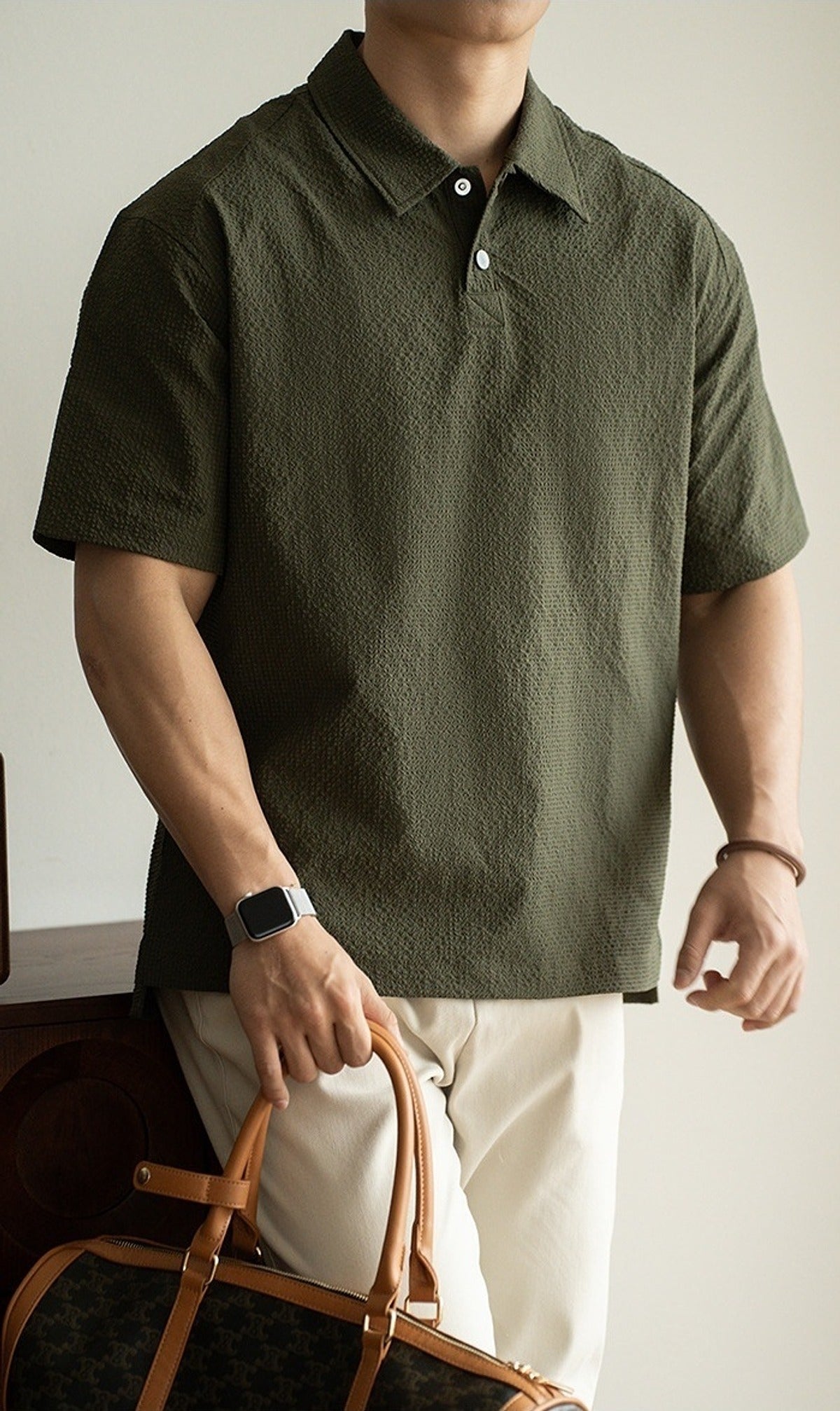 Shiwa Seersucker Polo Shirt in Green, full-length front view