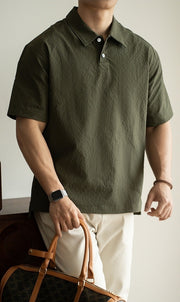 Shiwa Seersucker Polo Shirt in Green, full-length front view