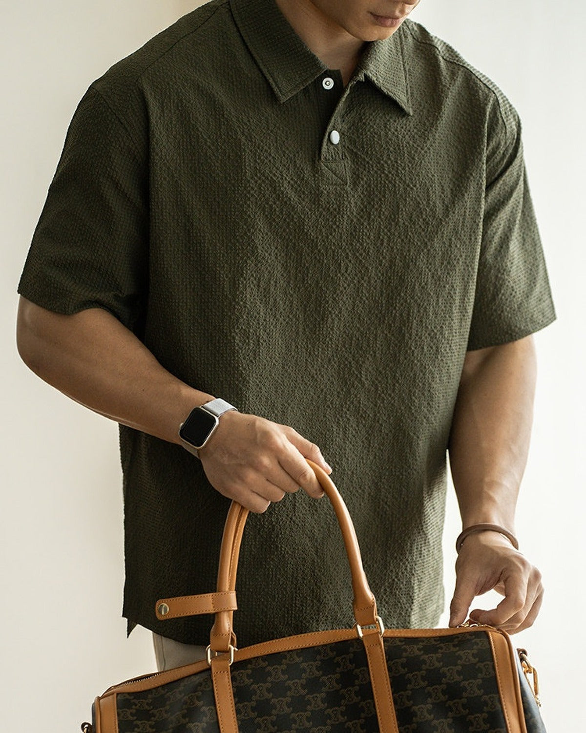 Shiwa Seersucker Polo Shirt in Green, styled look