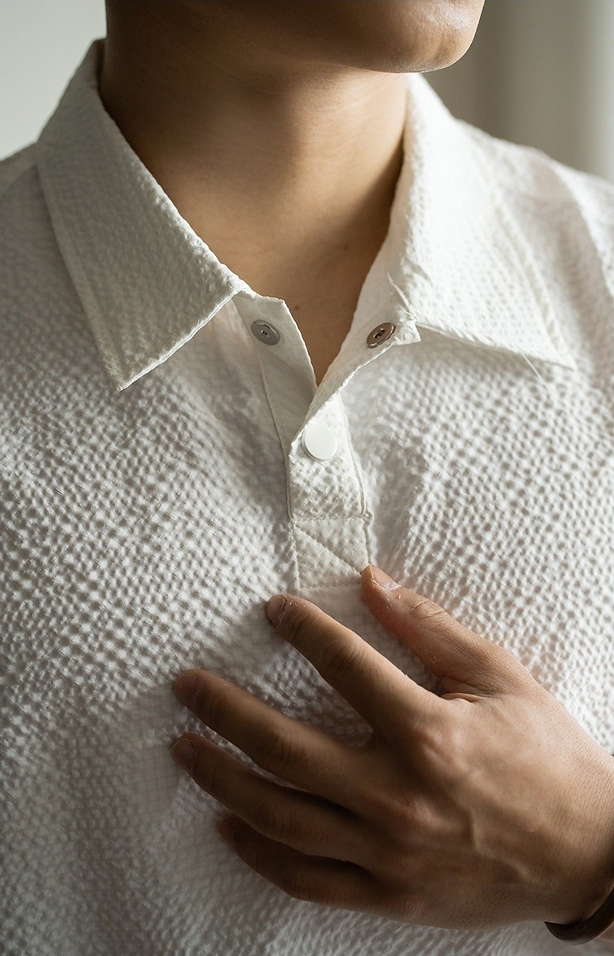 Shiwa Seersucker Polo Shirt in Off-White, detail close-up