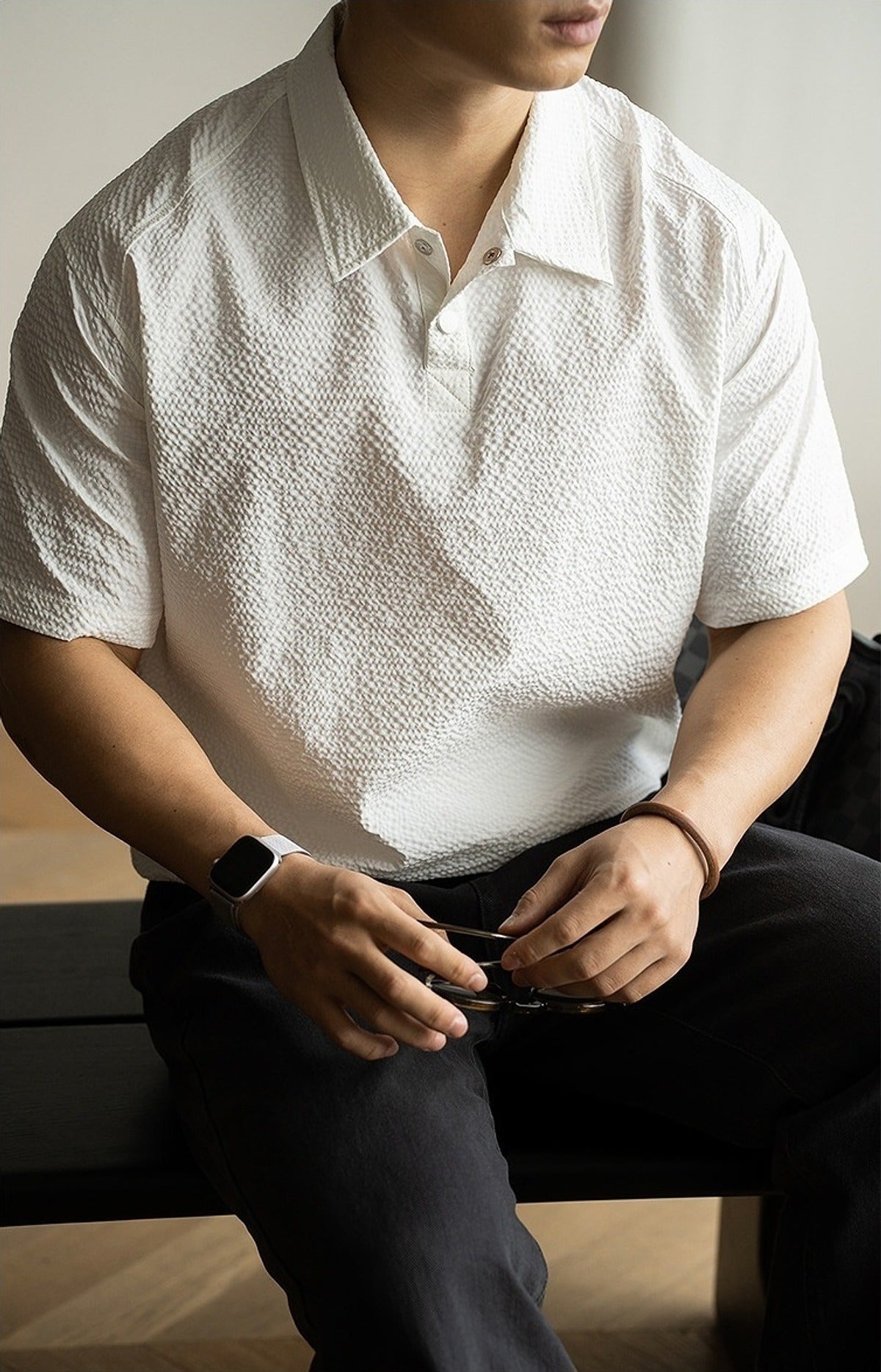 Shiwa Seersucker Polo Shirt in Off-White, full-length front view
