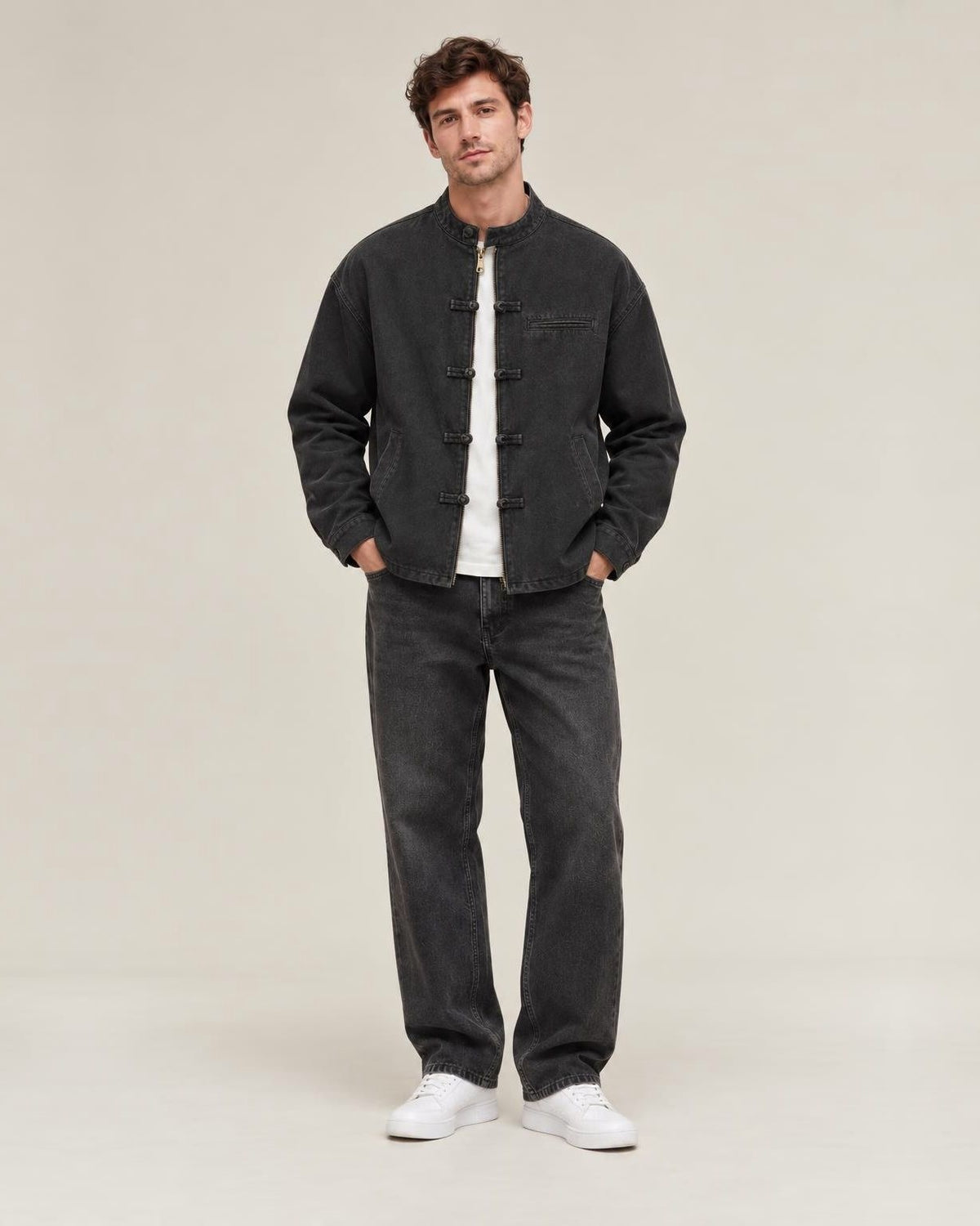 Shokunin Stand Collar Work Jacket in Black, full-length front view