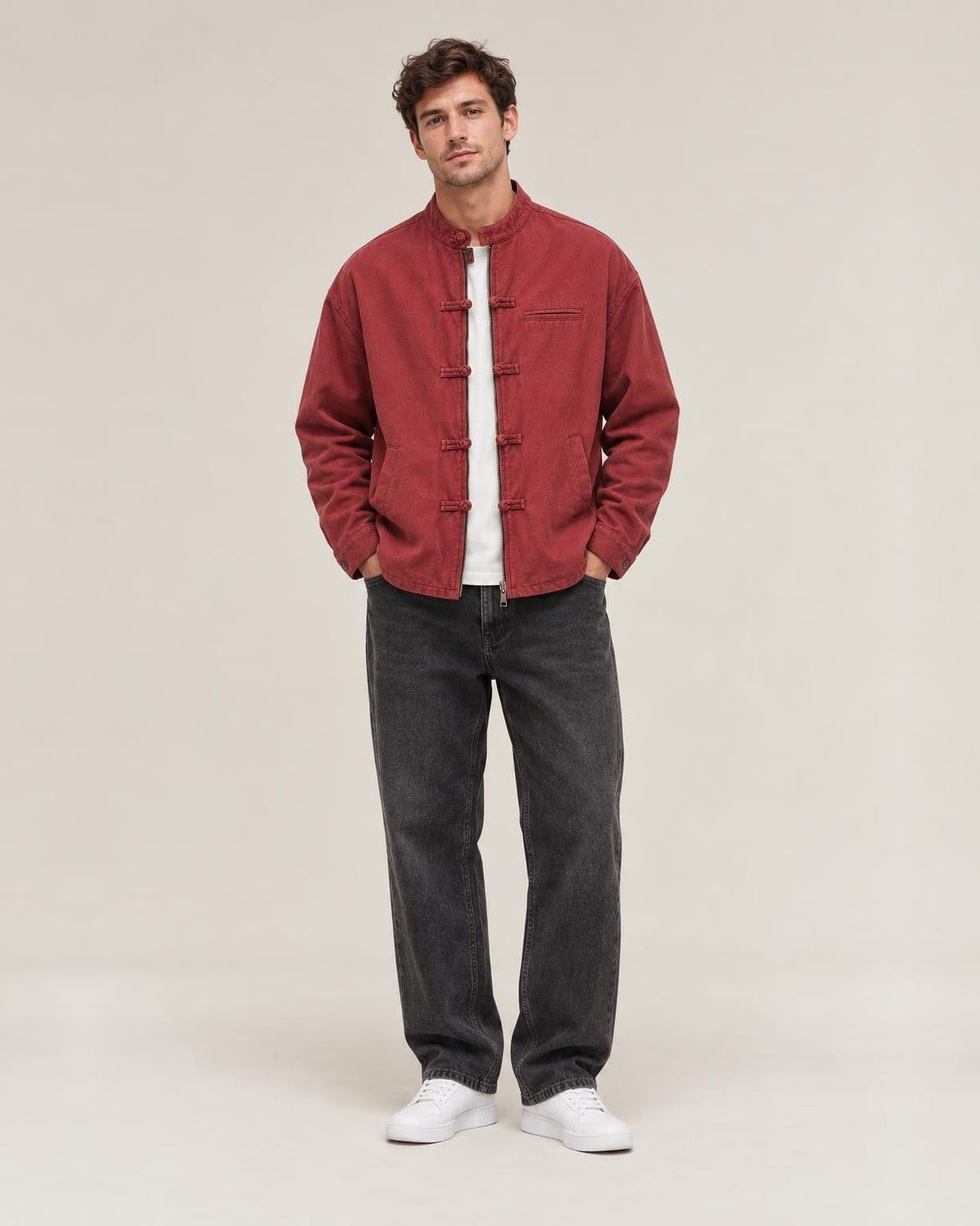 Shokunin Stand Collar Work Jacket in Burgundy, full-length front view