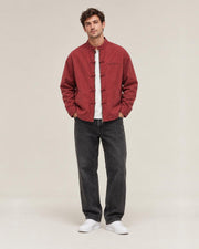 Shokunin Stand Collar Work Jacket in Burgundy, full-length front view
