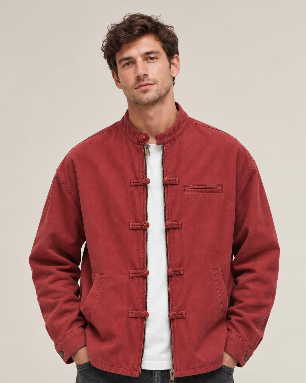 Shokunin Stand Collar Work Jacket in Burgundy, waist-up front view