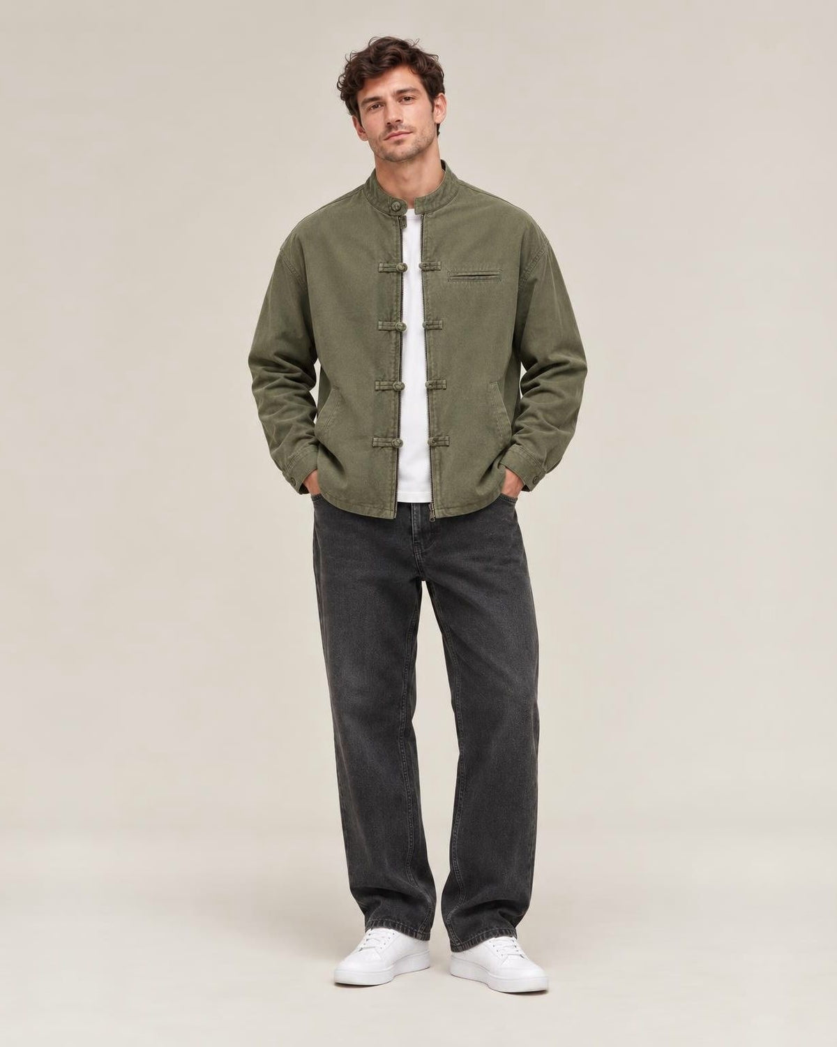 Shokunin Stand Collar Work Jacket in Olive, full-length front view