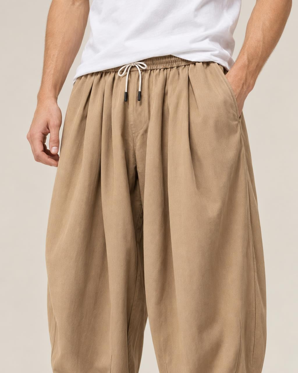Sora Wide Leg Pants in Khaki, close-up on the model