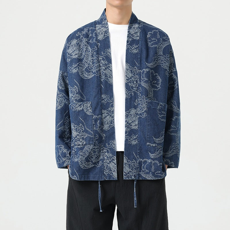Unryu denim haori in indigo, showing the open front, waist ties and dropped shoulder