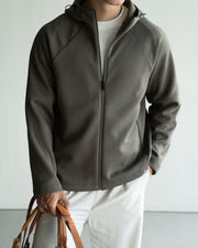 Yawaragi Cotton Zip Hoodie in Olive, full-length front view