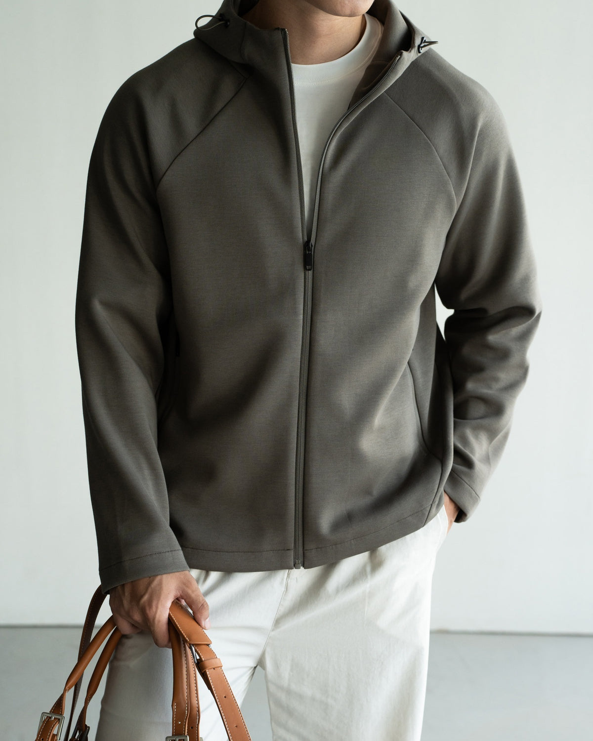 Yawaragi Cotton Zip Hoodie in Olive, full-length front view