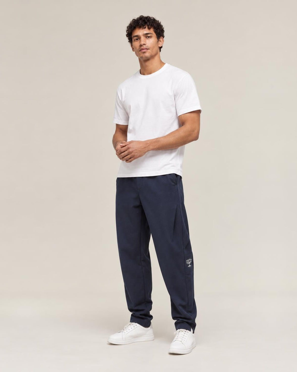 Yuru Loose Harem Pants in Navy, full-length front view