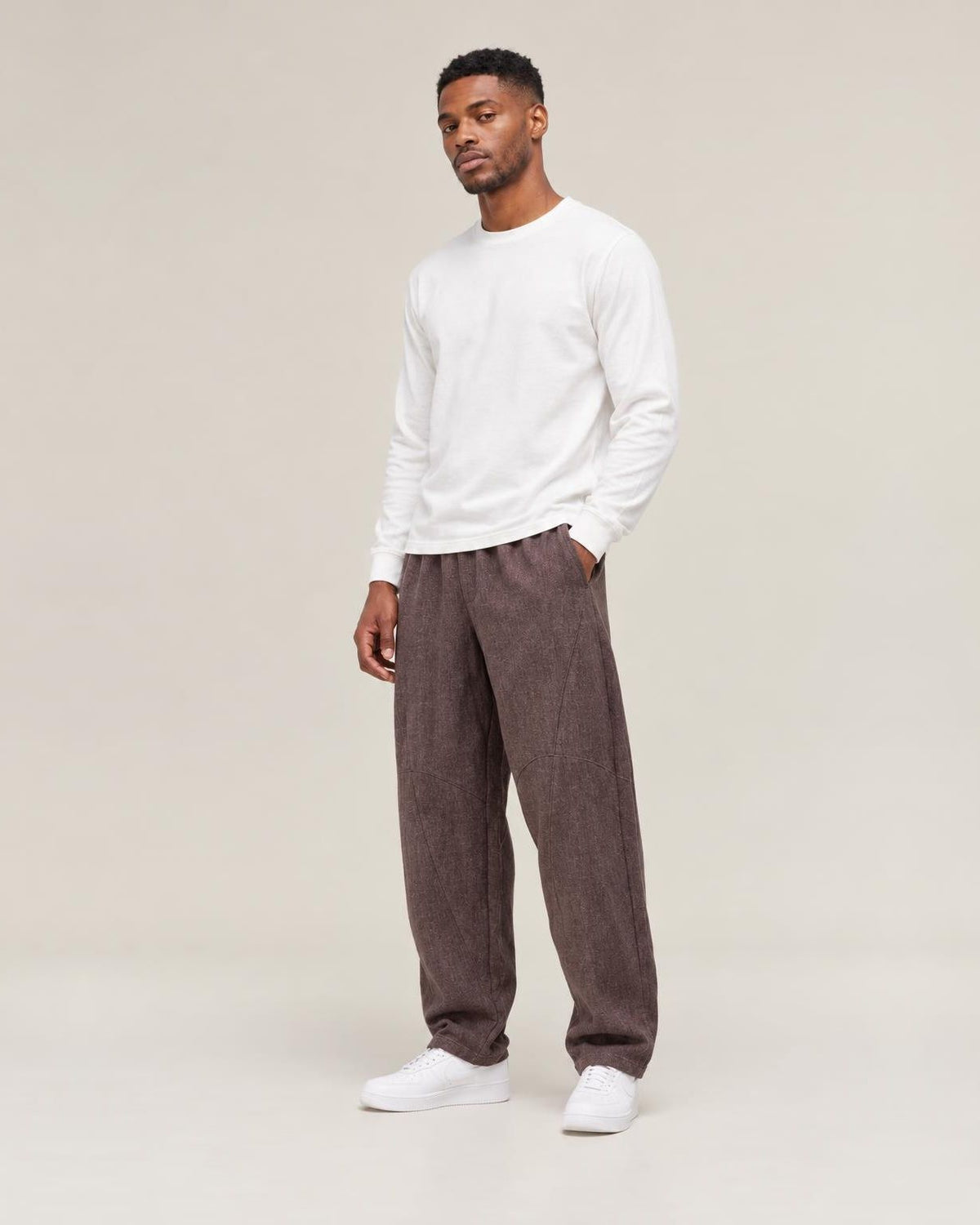 Yutori Linen Harem Pants in Brown, full-length front view