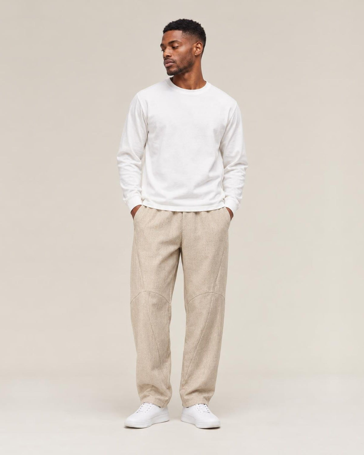 Yutori Linen Harem Pants in Khaki, full-length front view